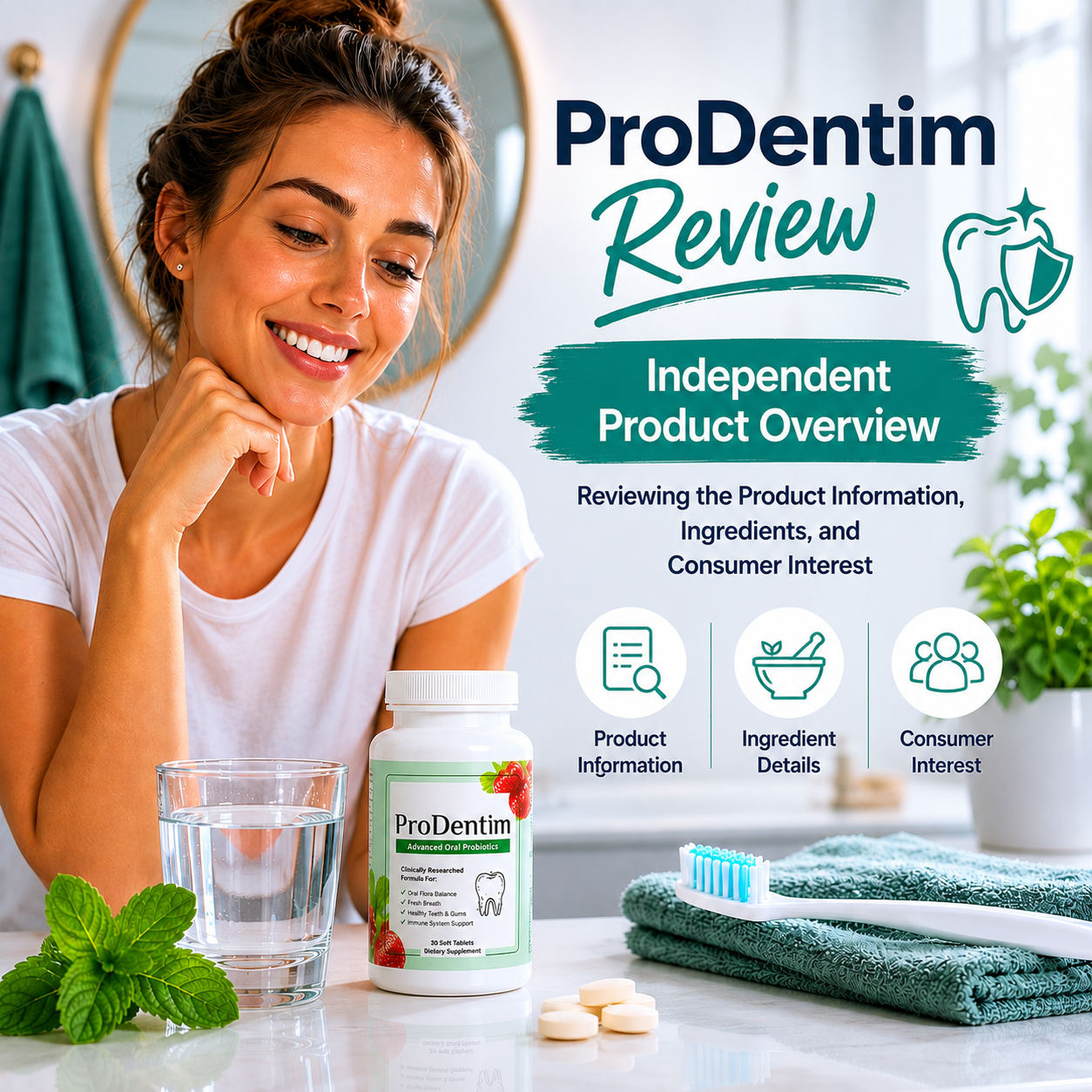 Woman reviewing oral wellness supplement information while looking in a bathroom mirror