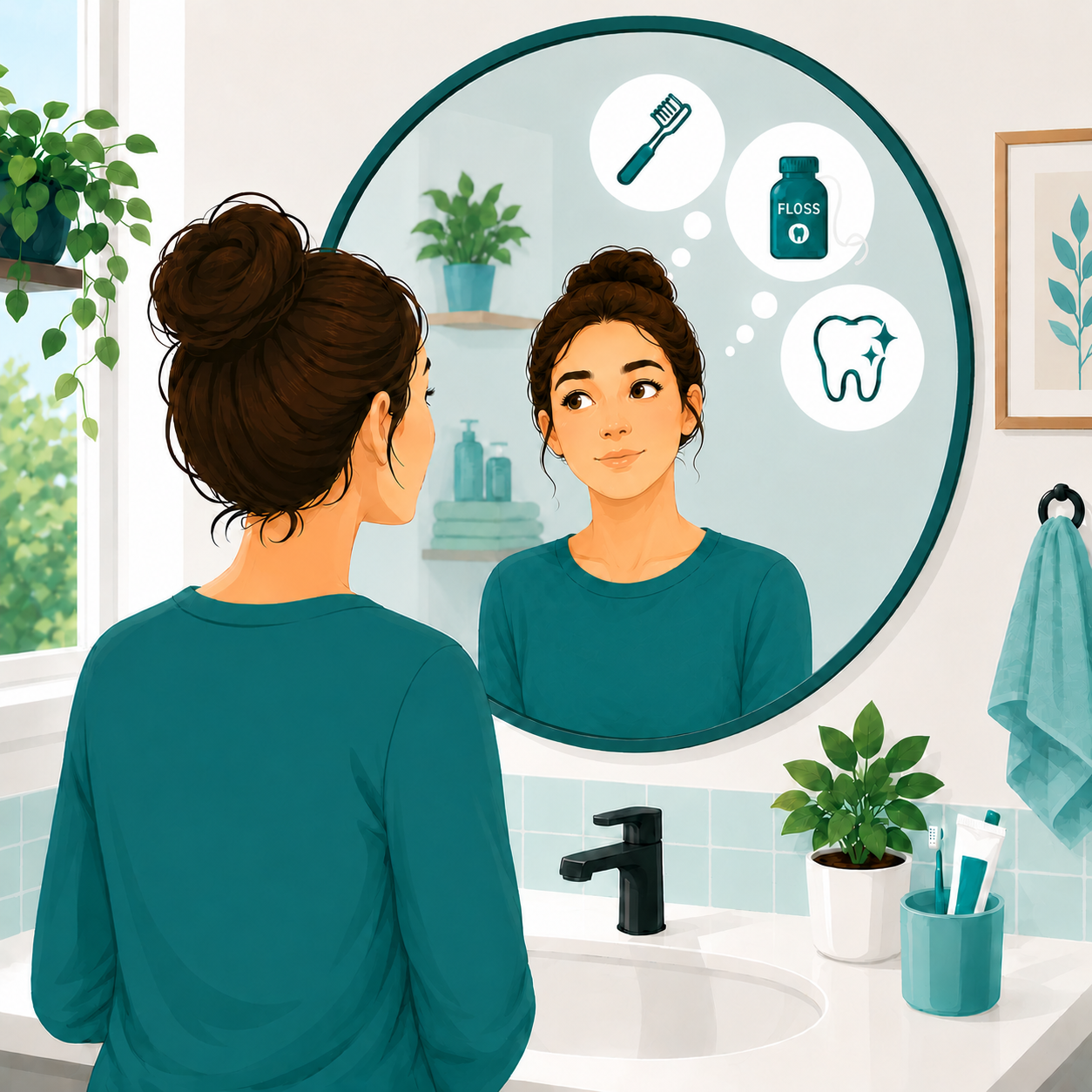 Woman thinking about her daily dental routine in a bathroom mirror