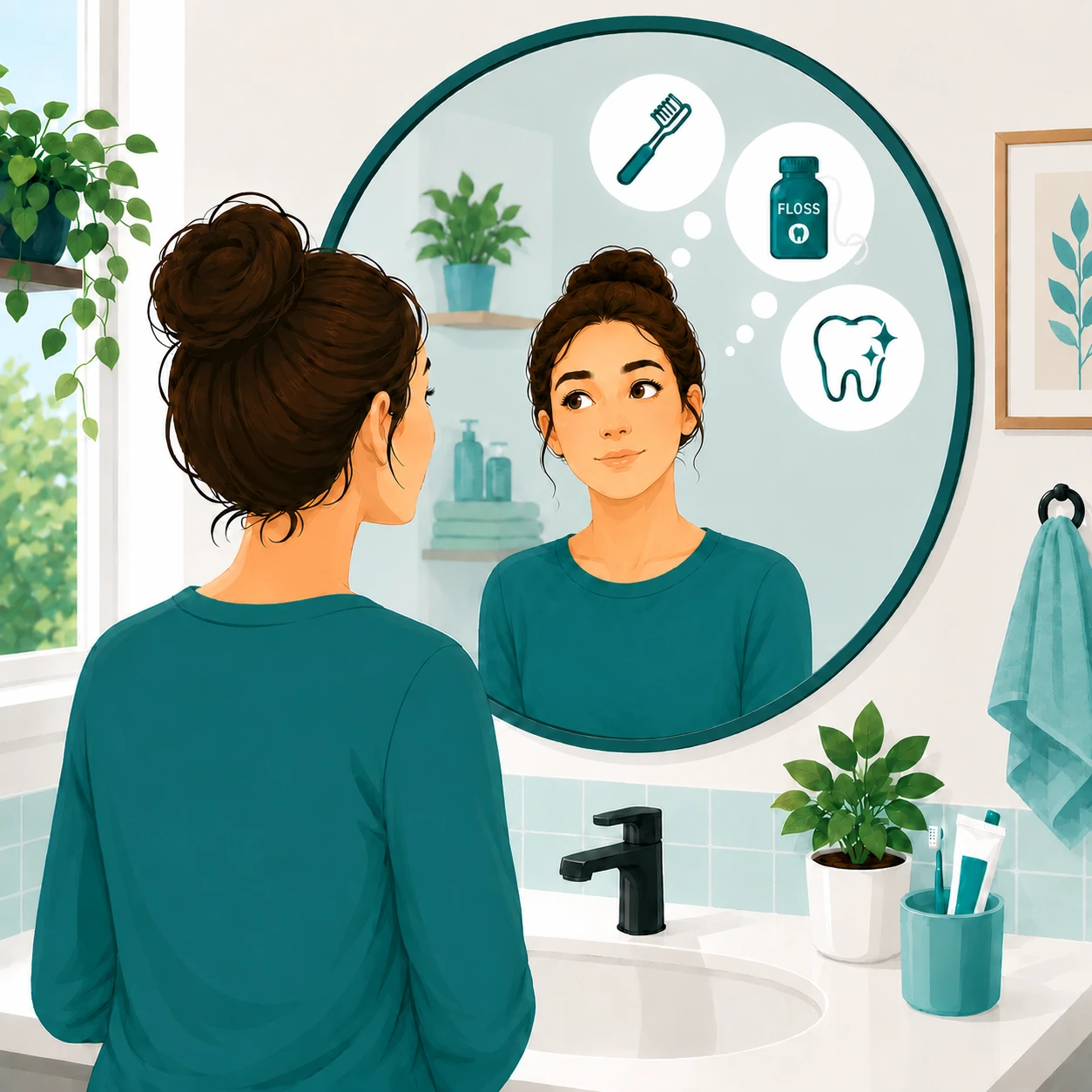 Woman thinking about her daily dental routine in a bathroom mirror