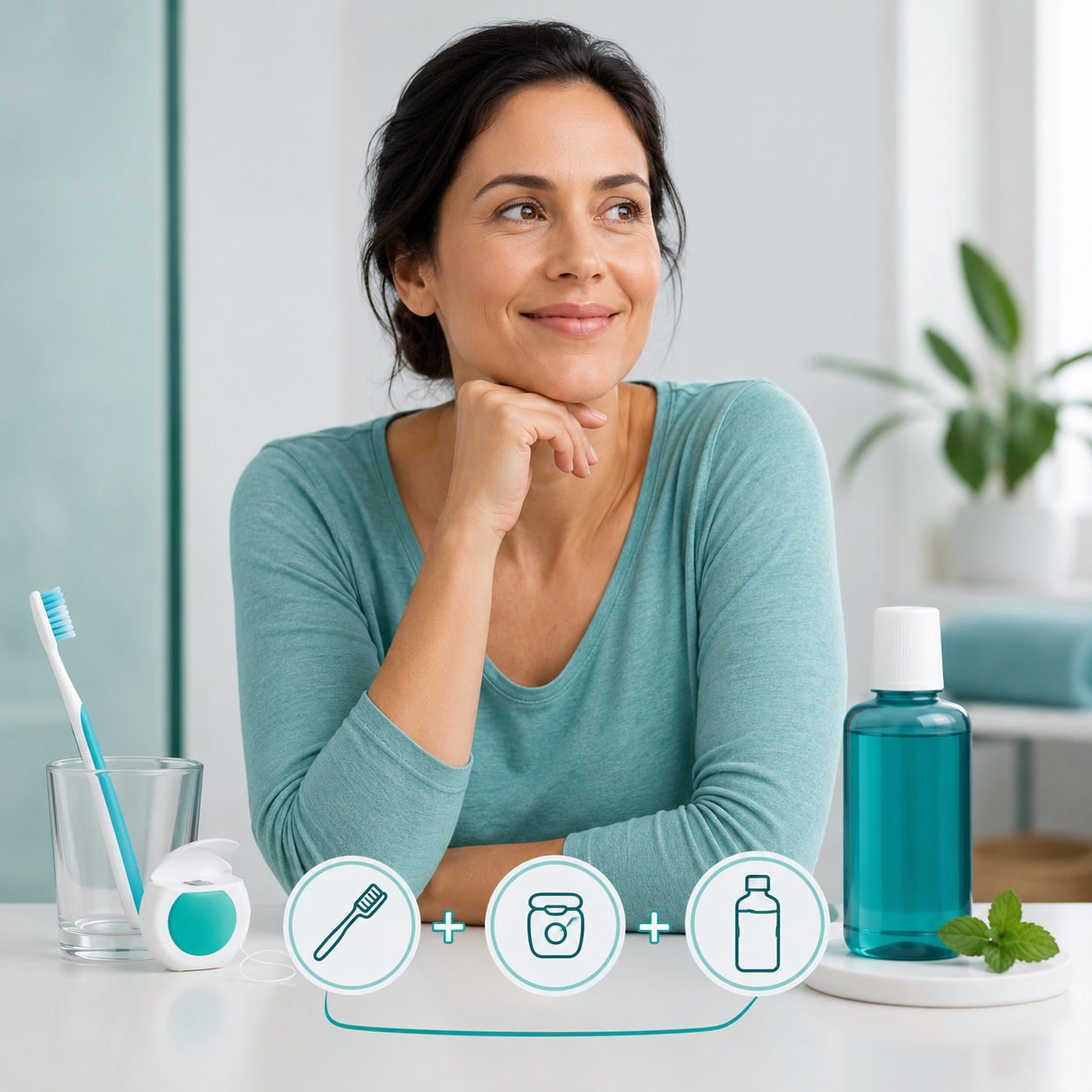 Woman considering a simple oral wellness routine with brushing, flossing, and additional support supplements